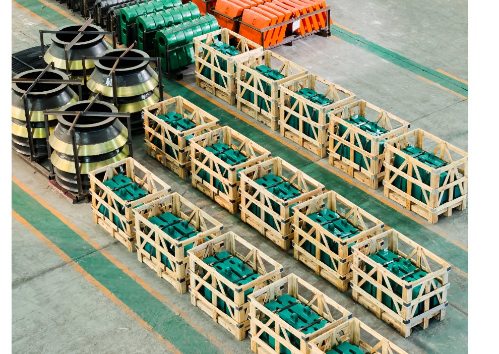 Wooden crated QM mill liners and cone crusher bowl assemblies staged on the foundry floor for container loading